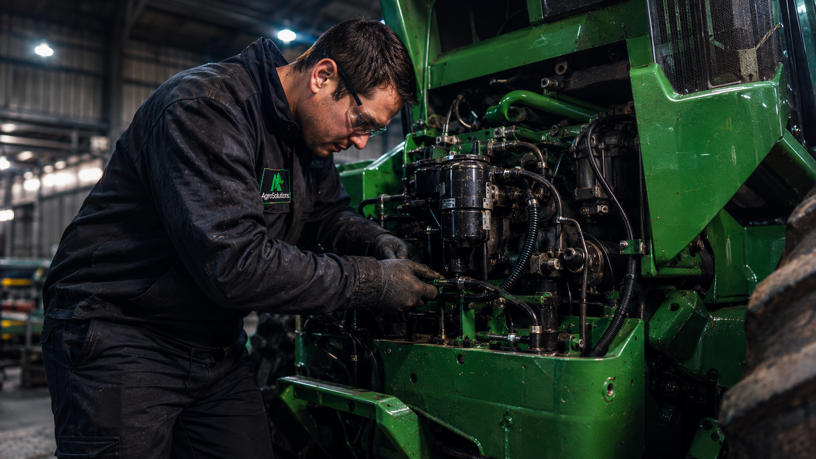 Técnico realizando mantención a maquinaria agrícola